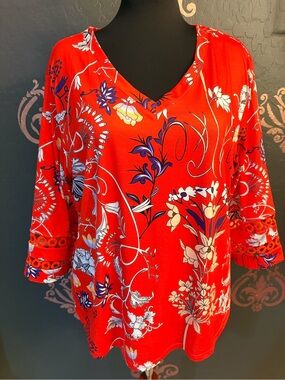 Bright Red Floral V-Neck Tunic Top